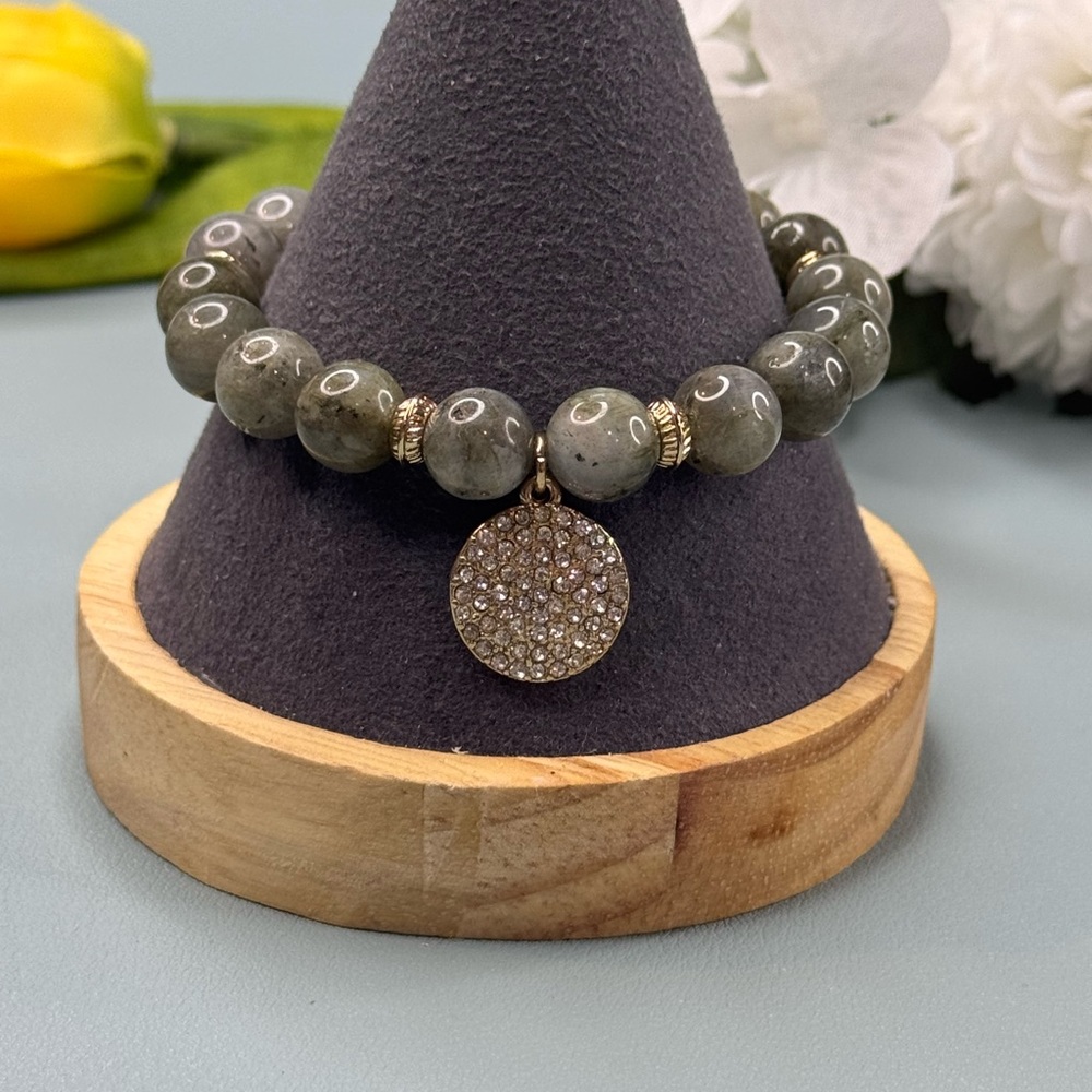 Gray and Gold Labradorite Bracelet with Crystal Charm